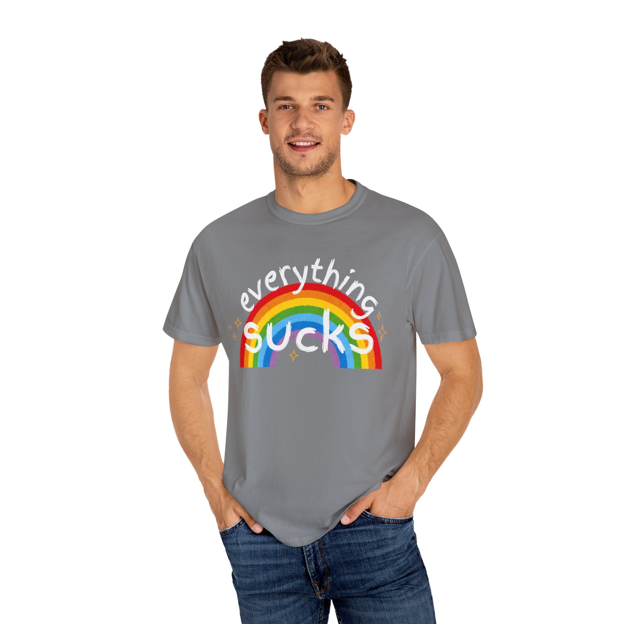 Funny Unisex T-Shirt - "Everything Sucks" Rainbow Graphic Tee, Casual Wear, Gift for Friends, Humor Shirt, Everyday Comfort
