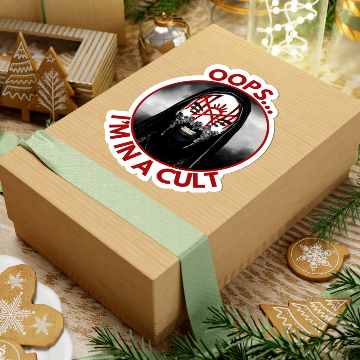Oops… I’m in a Cult Round Sticker – Aesthetic Sarcastic Decal for Fandom Fans & Chaos Cuties