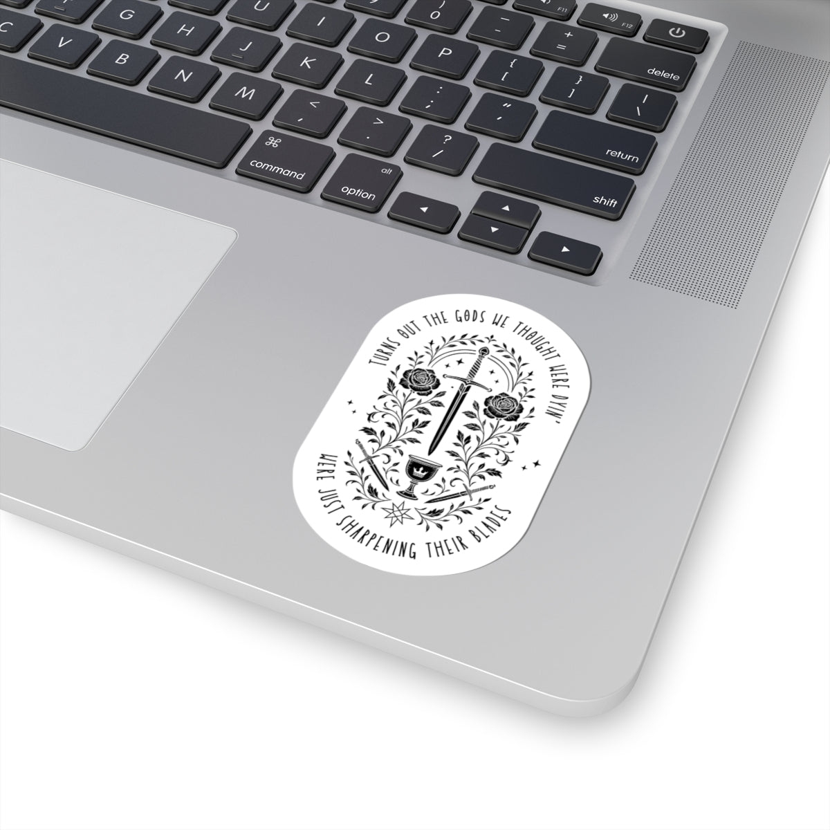 Sharpening Their Blades Sticker – Gothic Mythic Sword & Rose Design