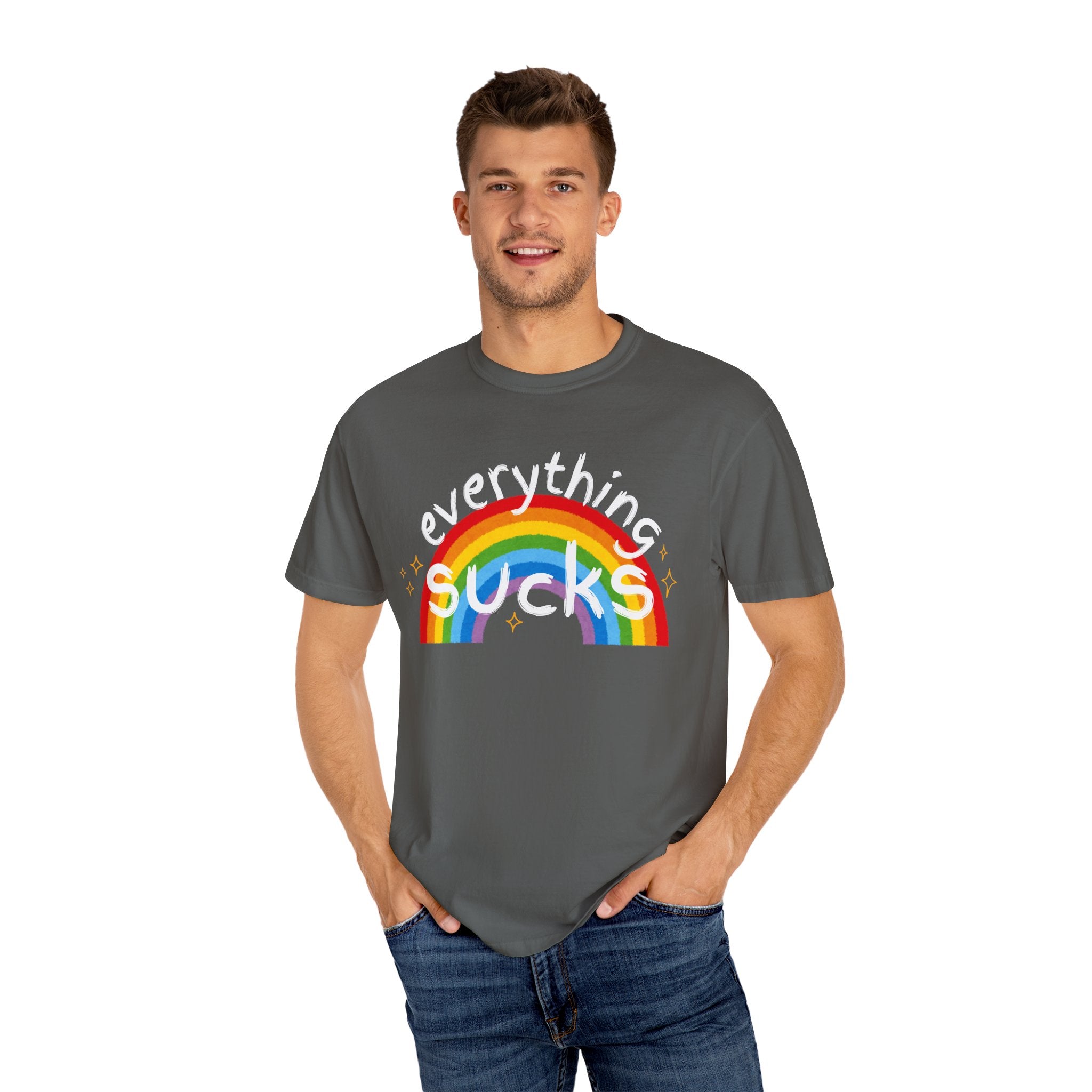 Funny Unisex T-Shirt - "Everything Sucks" Rainbow Graphic Tee, Casual Wear, Gift for Friends, Humor Shirt, Everyday Comfort