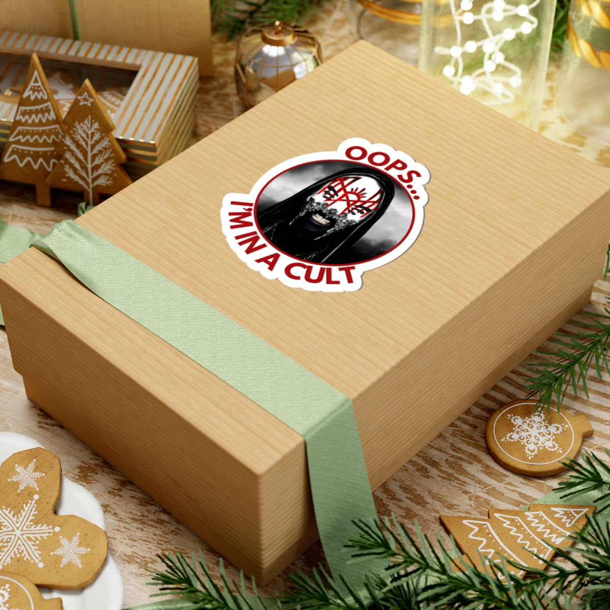 Oops… I’m in a Cult Round Sticker – Aesthetic Sarcastic Decal for Fandom Fans & Chaos Cuties