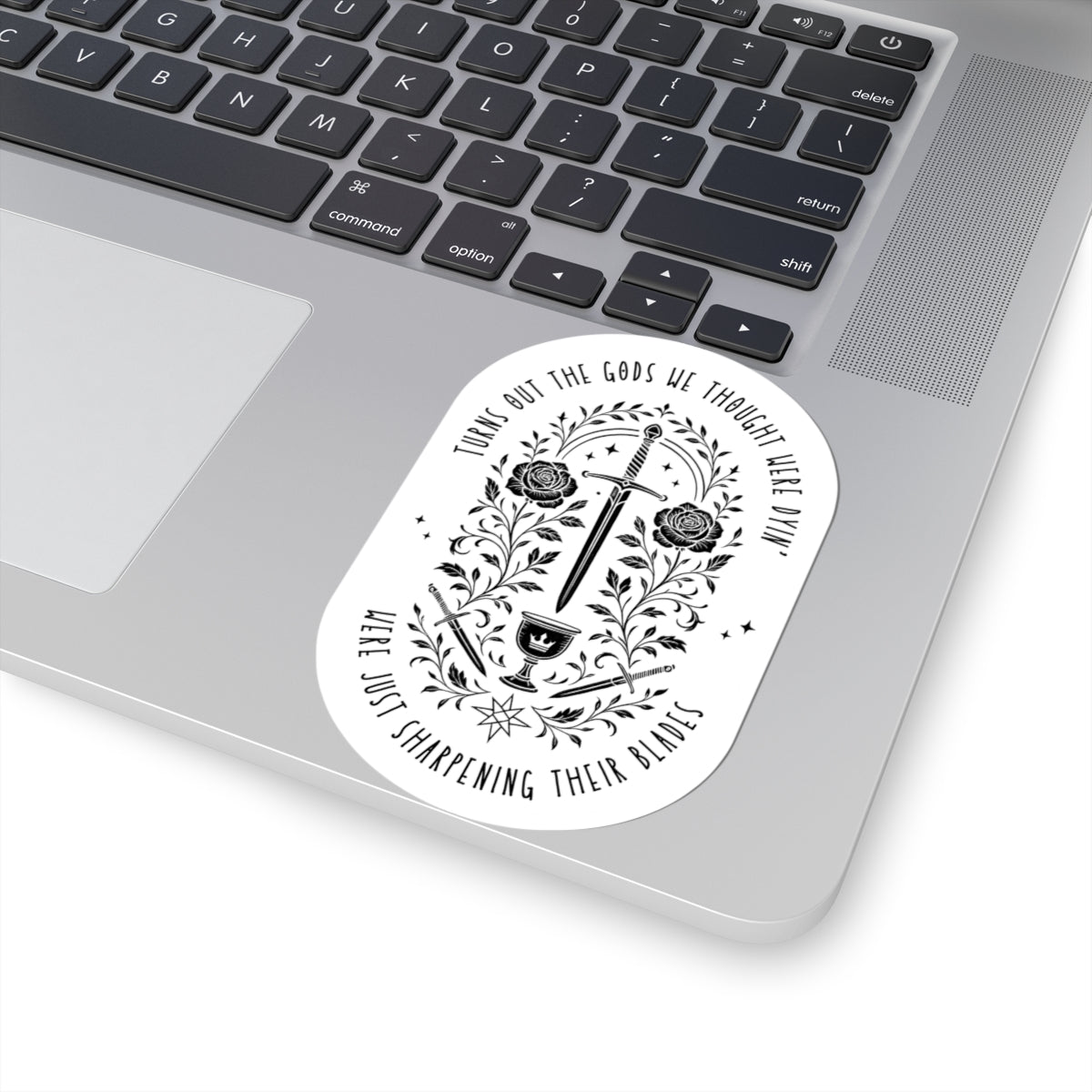Sharpening Their Blades Sticker – Gothic Mythic Sword & Rose Design